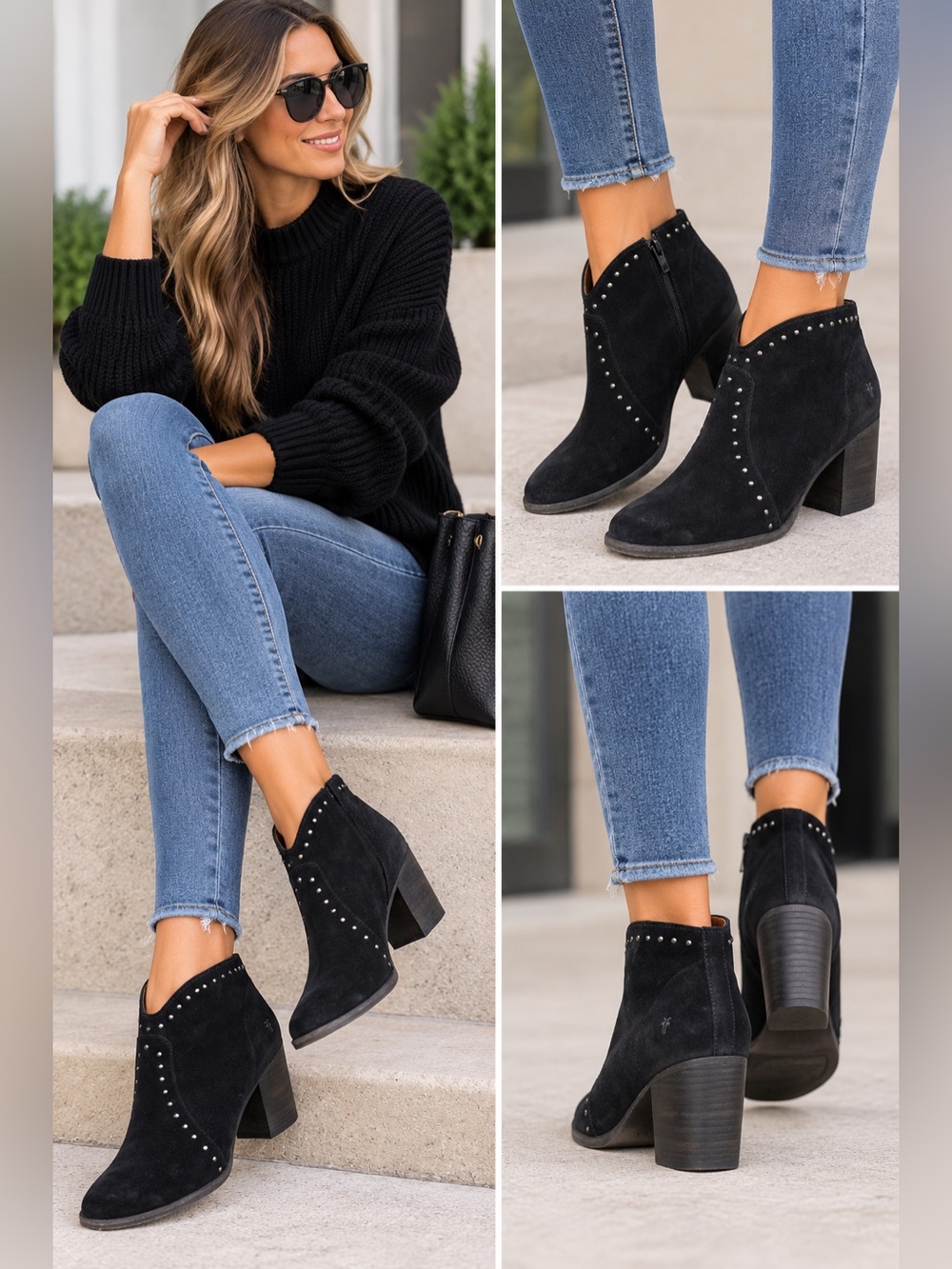 Frye Nora Stud Zip Short/Ankle Boots/Bootie Black Suede Vintage SZ 8B